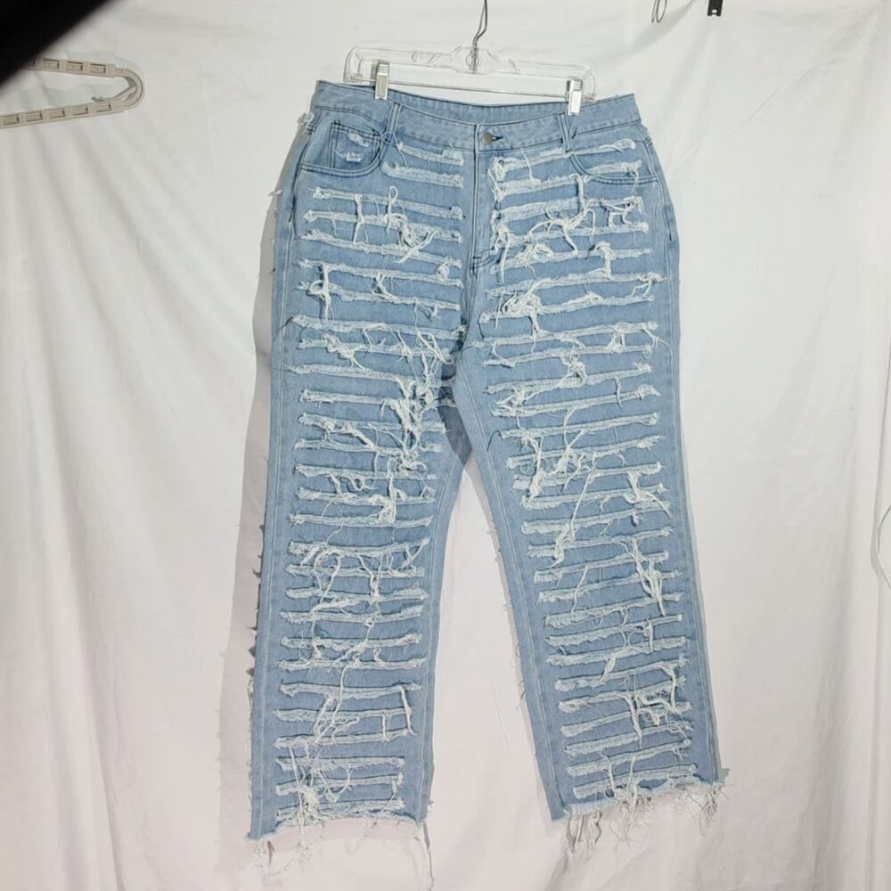 Heavy Distressed Shredded Fringe Denim Jeans in Light Wash 2XL